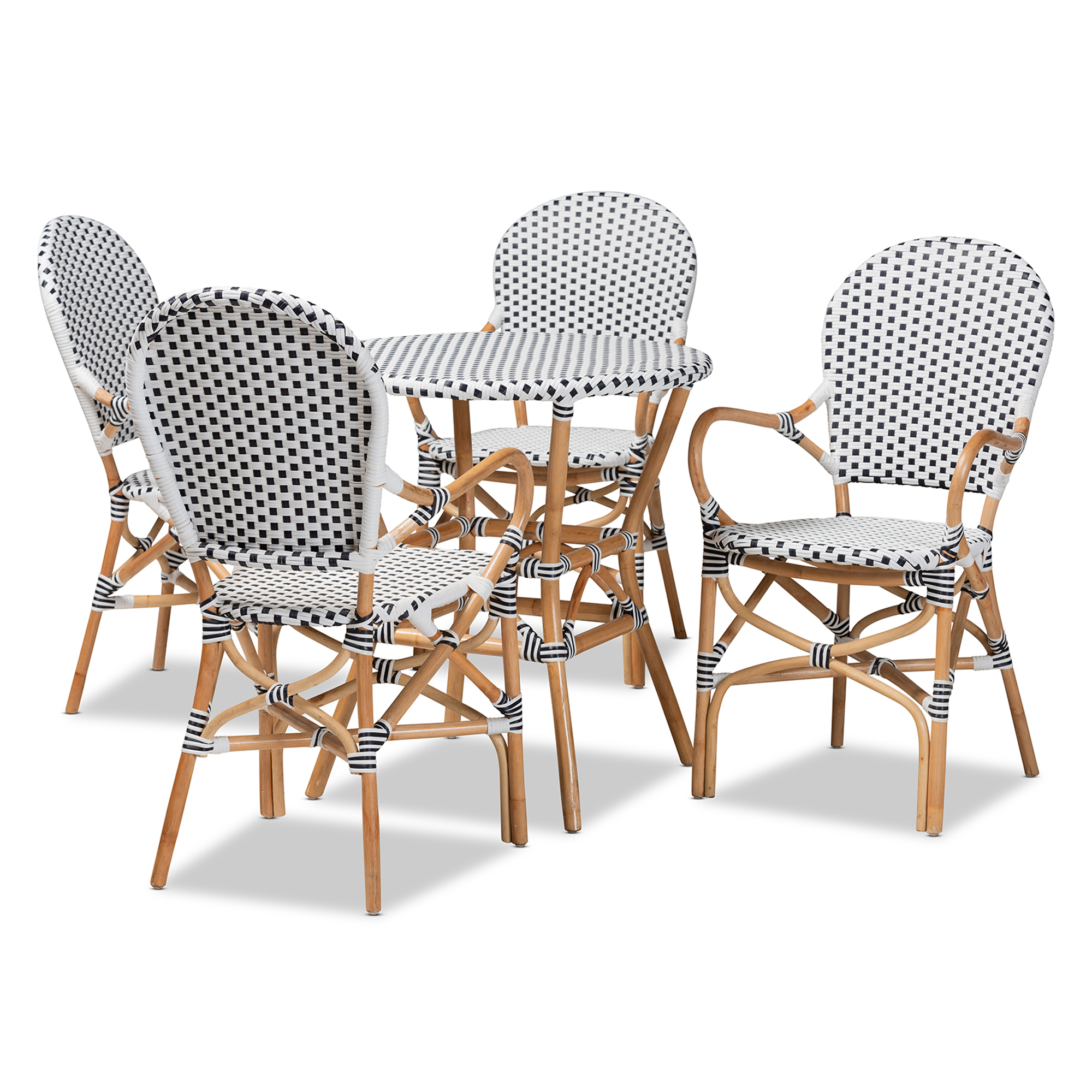 Baxton Studio Naila Classic French Black and White Plastic and Natural Brown Rattan 5-Piece Dining Set